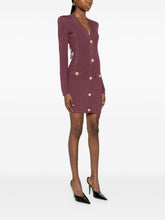 Balmain Ribbed Knit V-Neck Short Dress in Dark Violet Purple