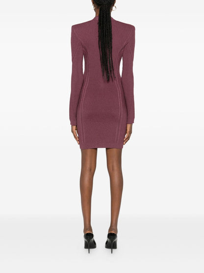 Balmain Ribbed Knit V-Neck Short Dress in Dark Violet Purple