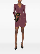 Balmain Ribbed Knit V-Neck Short Dress in Dark Violet Purple
