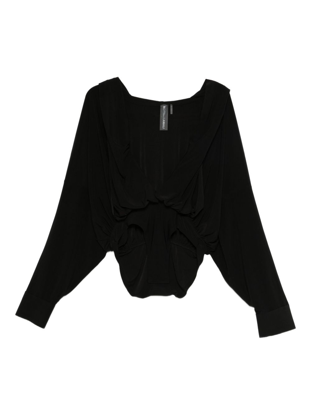 Norma Kamali Oversized Hooded Ruched Black Bodysuit With Long Sleeves Black