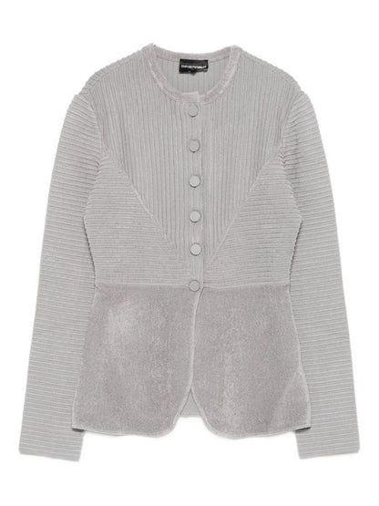 Emporio Armani Textured Panelled Buttoned Crewneck Jacket Silver