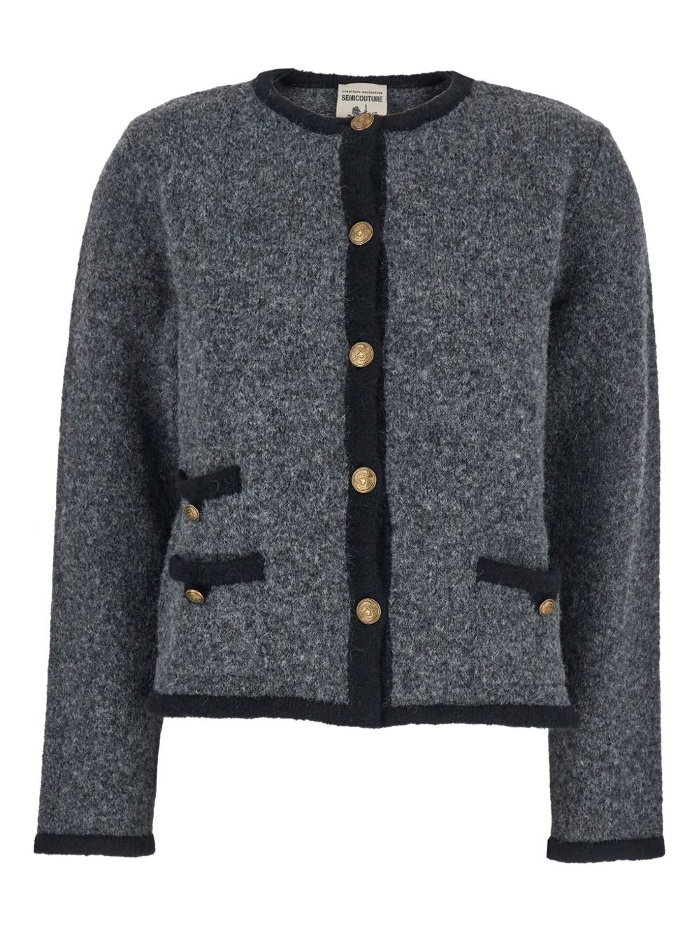 Semicouture Textured Wool-Blend Knit Jacket with Black Trim Grey