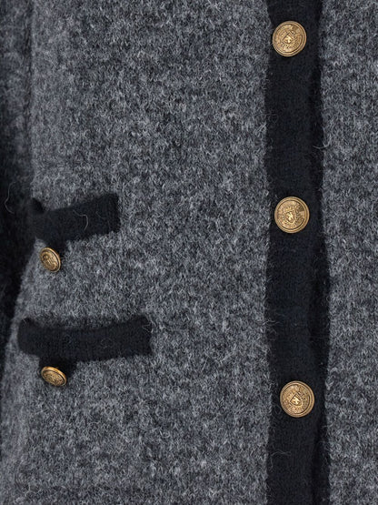 Semicouture Textured Wool-Blend Knit Jacket with Black Trim Grey