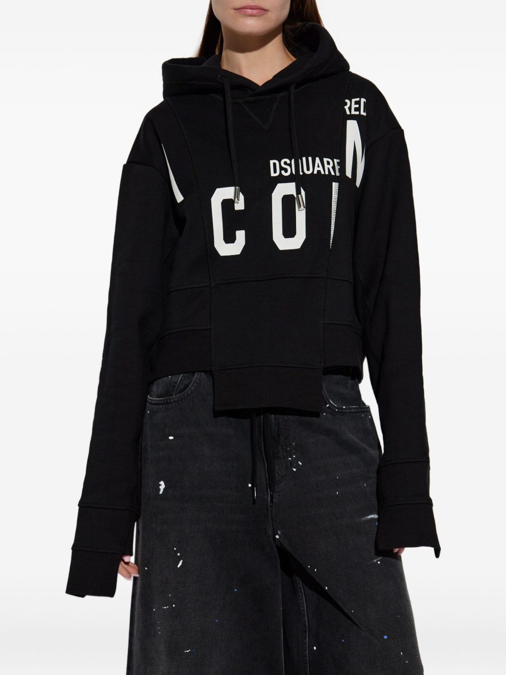 Dsquared2 Panelled Cropped Hoodie with Drawstring and Logo Print Black black
