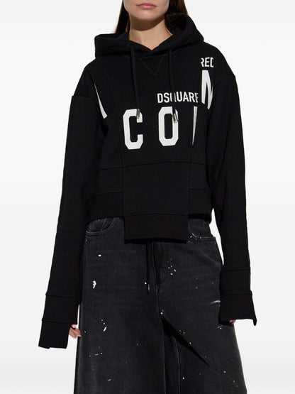 Dsquared2 Panelled Cropped Hoodie with Drawstring and Logo Print Black black