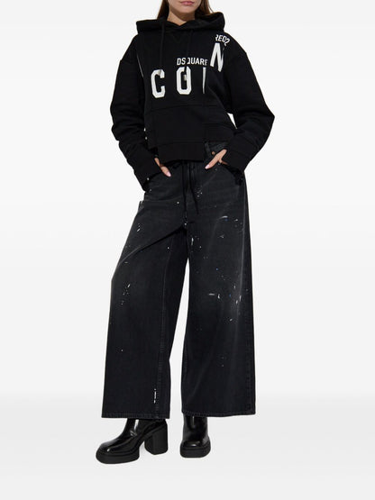 Dsquared2 Panelled Cropped Hoodie with Drawstring and Logo Print Black black