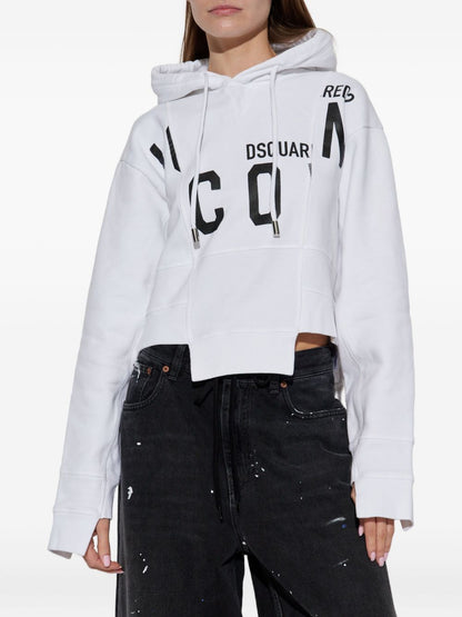 Dsquared2 Cropped Cotton Hoodie with Drawstring and Logo Print White White