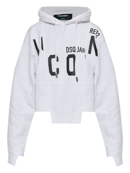 Dsquared2 Cropped Cotton Hoodie with Drawstring and Logo Print White White