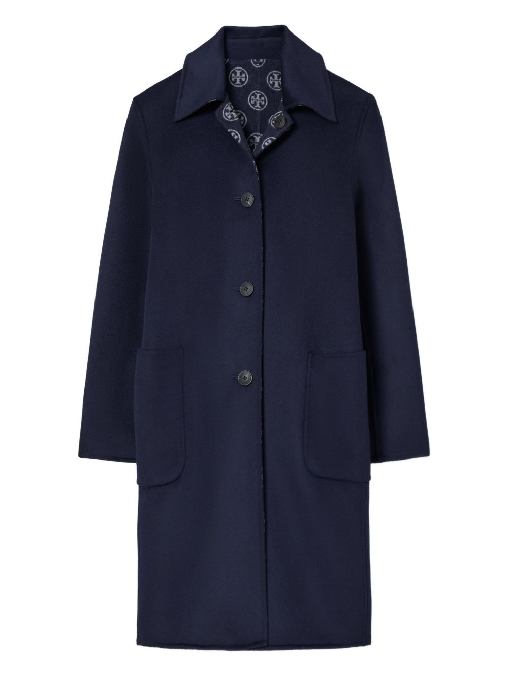 Tory Burch Wool Jacquard Notched Collar Coat Blue