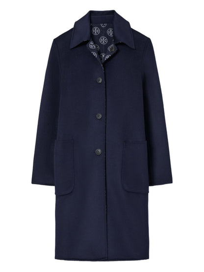 Tory Burch Wool Jacquard Notched Collar Coat Blue