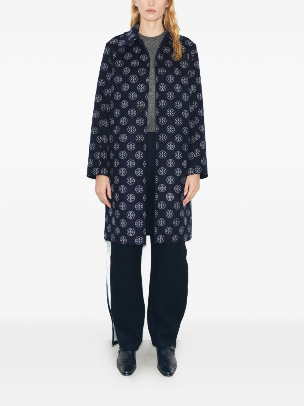 Tory Burch Wool Jacquard Notched Collar Coat Blue