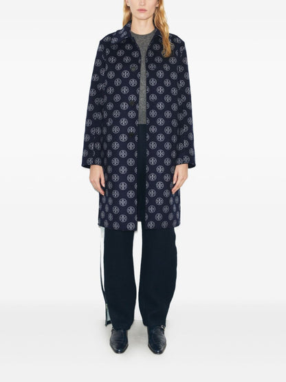 Tory Burch Wool Jacquard Notched Collar Coat Blue