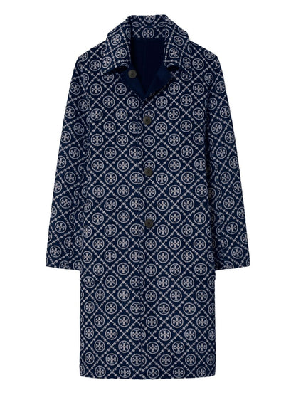 Tory Burch Wool Jacquard Notched Collar Coat Blue