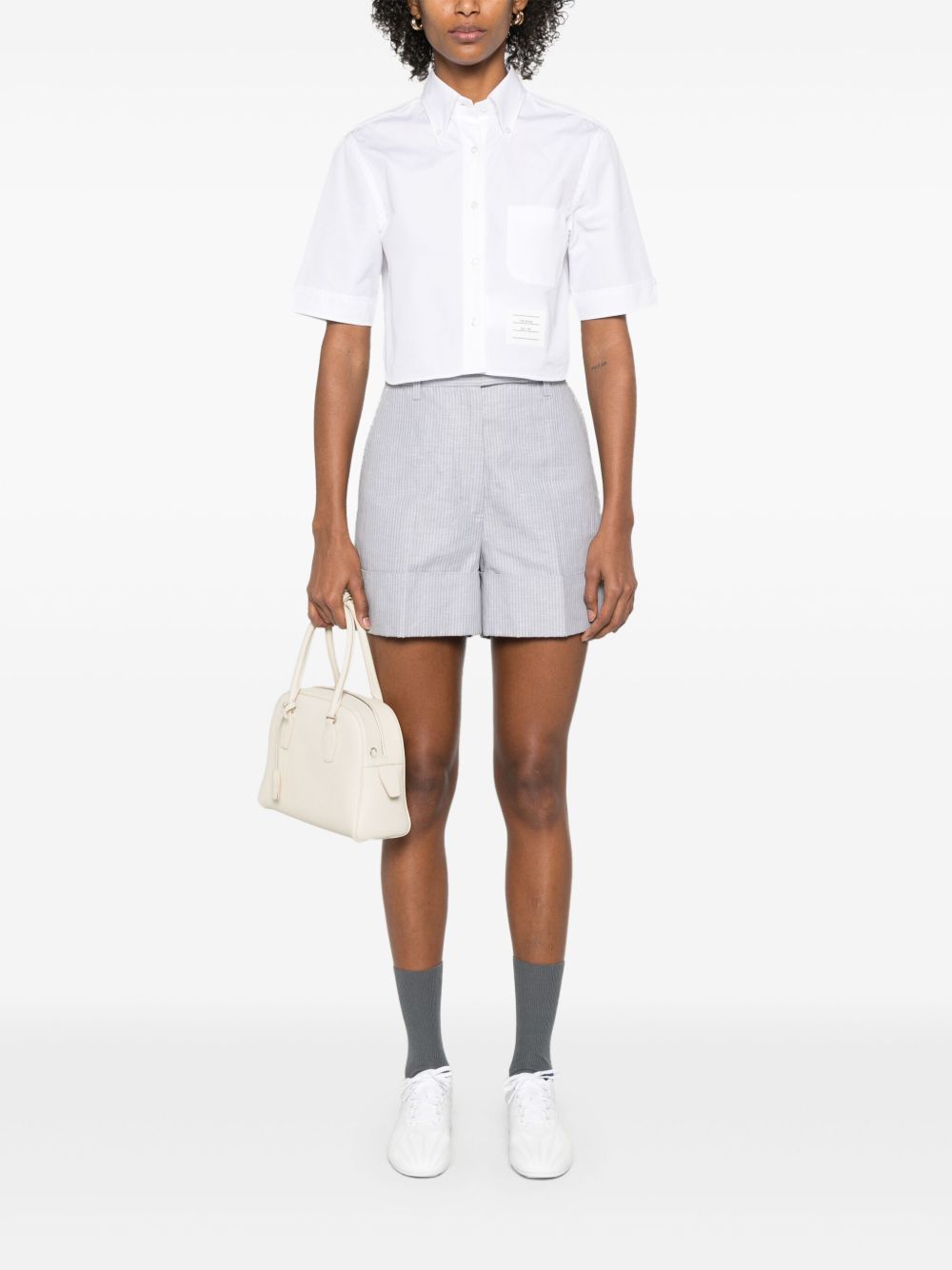Thom Browne Cropped Cotton Shirt With Logo Tag White White