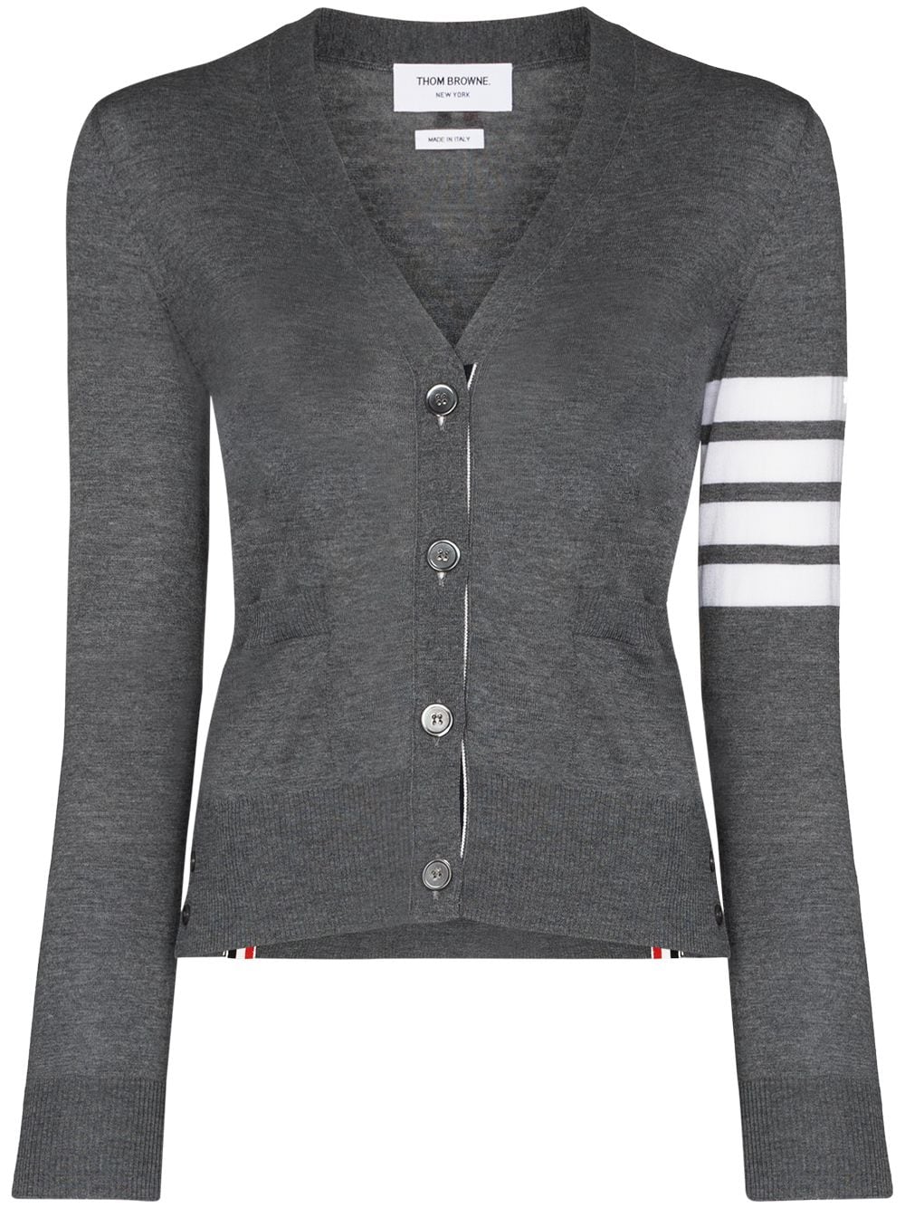 Thom Browne Grey Virgin Wool Four-Stripe V-Neck Cardigan Grey