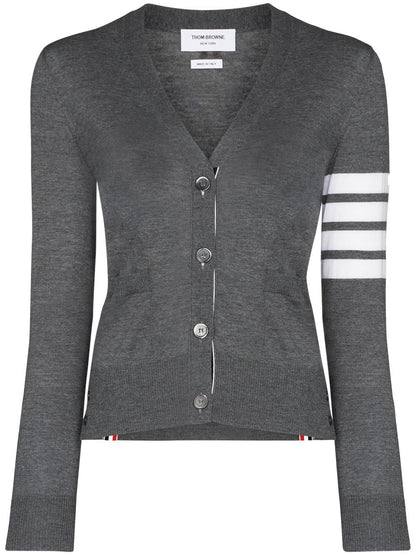 Thom Browne Grey Virgin Wool Four-Stripe V-Neck Cardigan Grey
