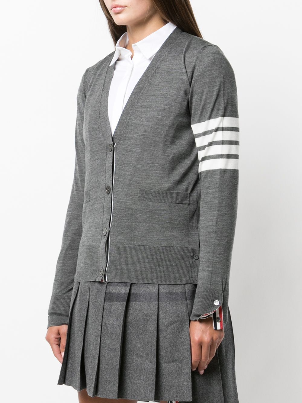 Thom Browne Fine Wool 4-Bar Stripe Cardigan Grey