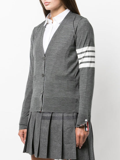 Thom Browne Fine Wool 4-Bar Stripe Cardigan Grey