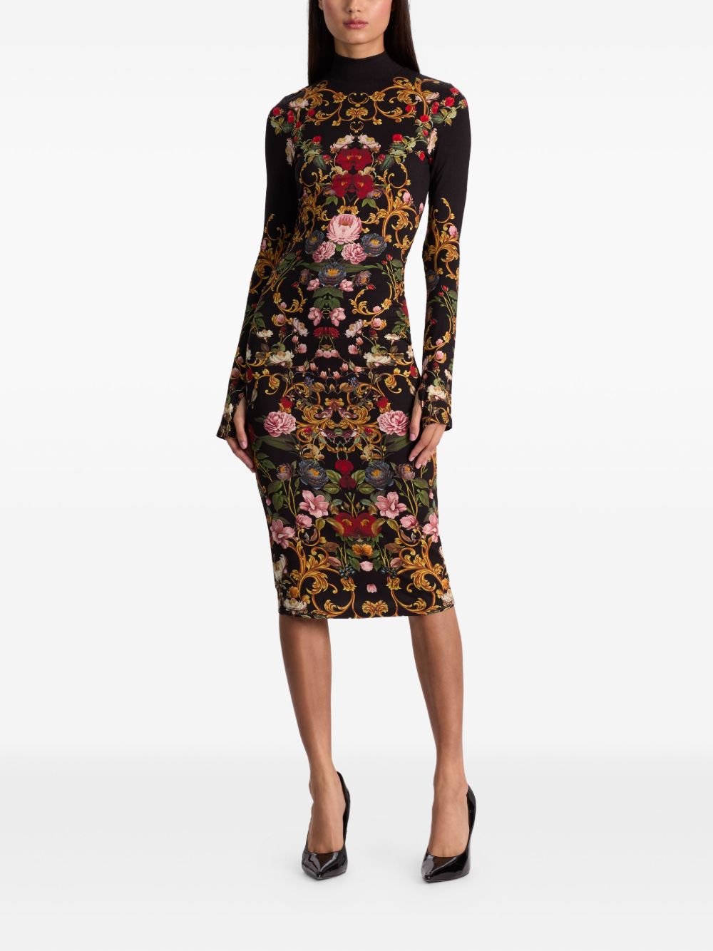 Alice + Olivia Floral-Print Turtleneck Midi Dress Black