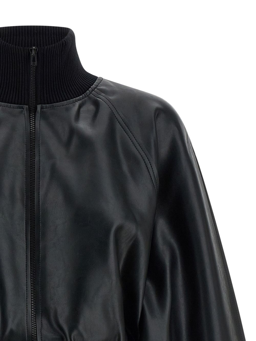 Norma Kamali Leather-Effect Ribbed-Knit High-Neck Jacket Black