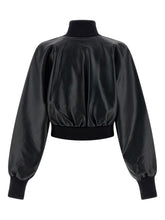 Norma Kamali Leather-Effect Ribbed-Knit High-Neck Jacket Black
