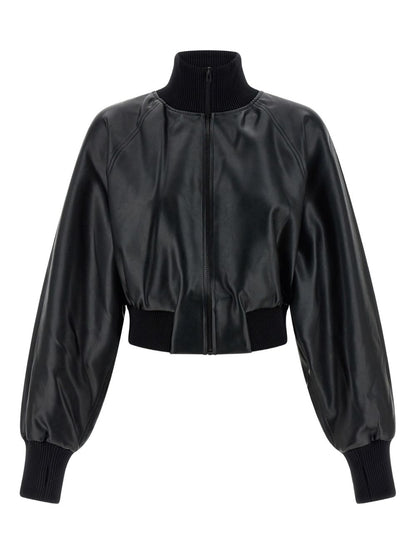 Norma Kamali Leather-Effect Ribbed-Knit High-Neck Jacket Black