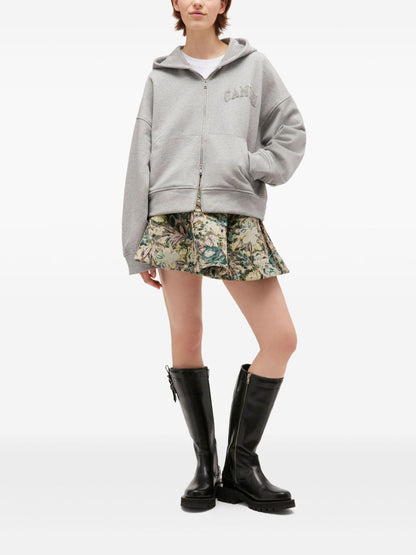 Ganni Organic Cotton Grey Zipped Hoodie with Logo Detail Grey