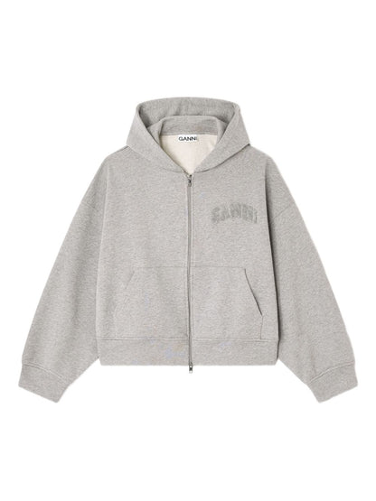 Ganni Organic Cotton Grey Zipped Hoodie with Logo Detail Grey
