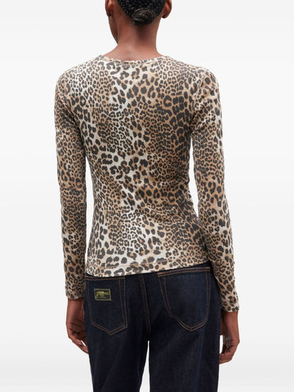 Ganni Animal-Print Organic Cotton Crewneck Sweater Brown