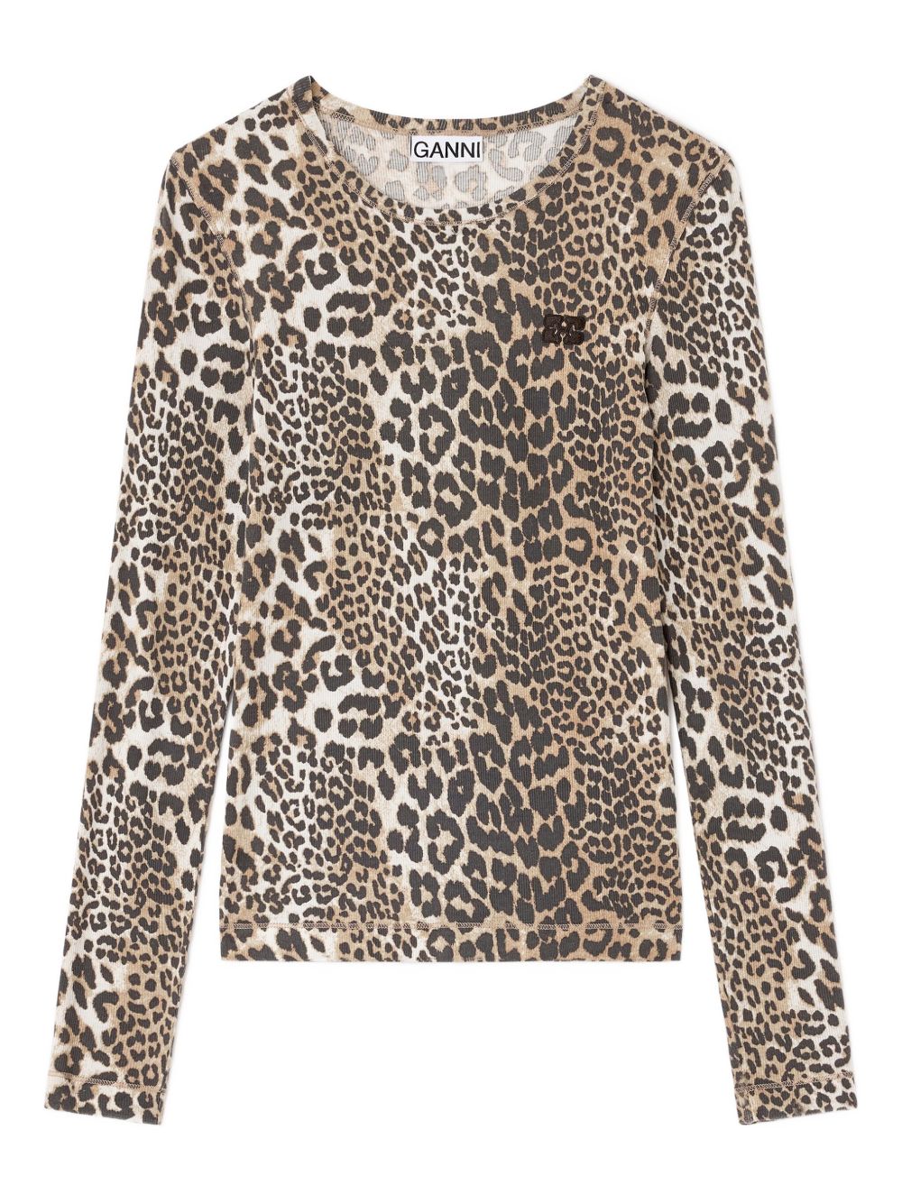 Ganni Animal-Print Organic Cotton Crewneck Sweater Brown