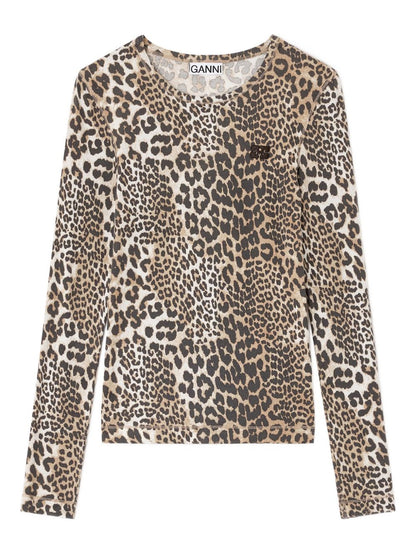Ganni Animal-Print Organic Cotton Crewneck Sweater Brown