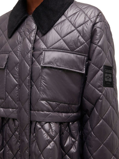Ganni Quilted Recycled Nylon Jacket with Corduroy Collar Grey