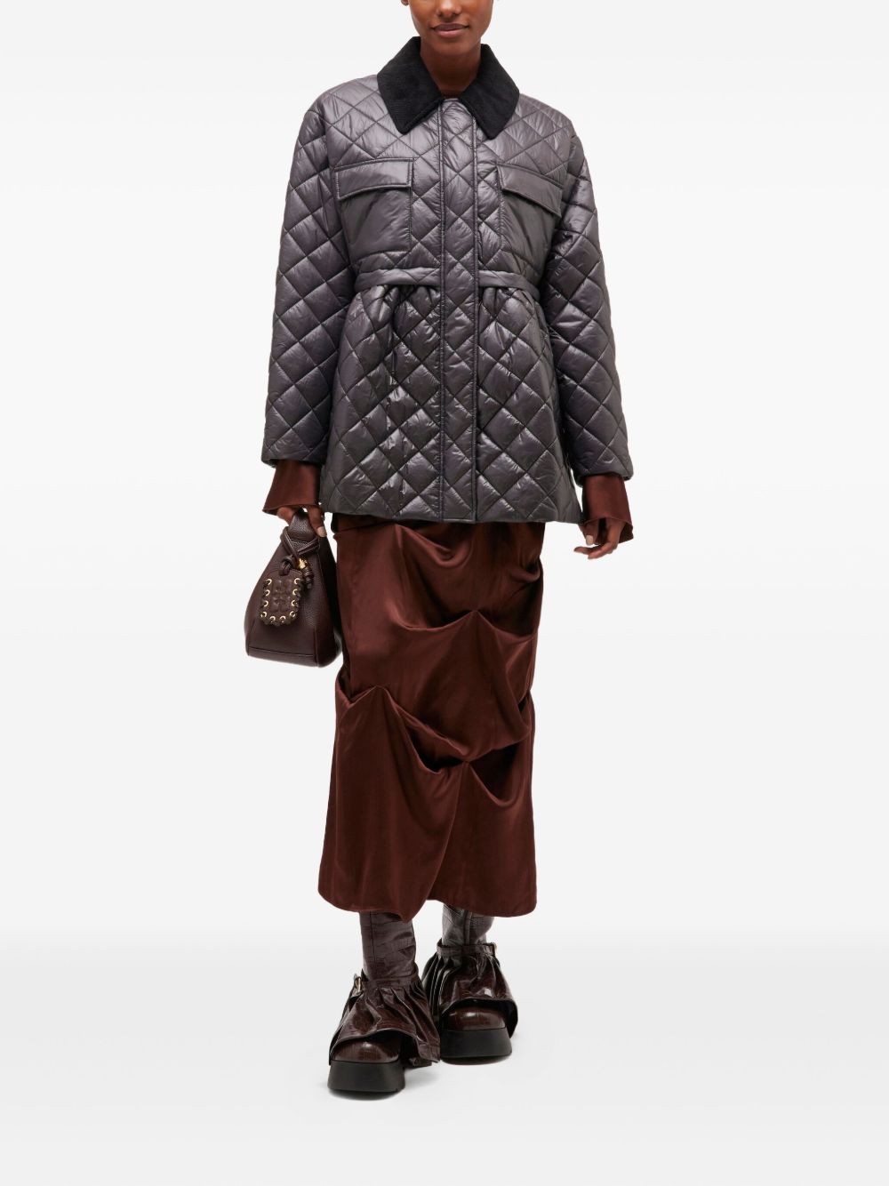 Ganni Quilted Recycled Nylon Jacket with Corduroy Collar Grey