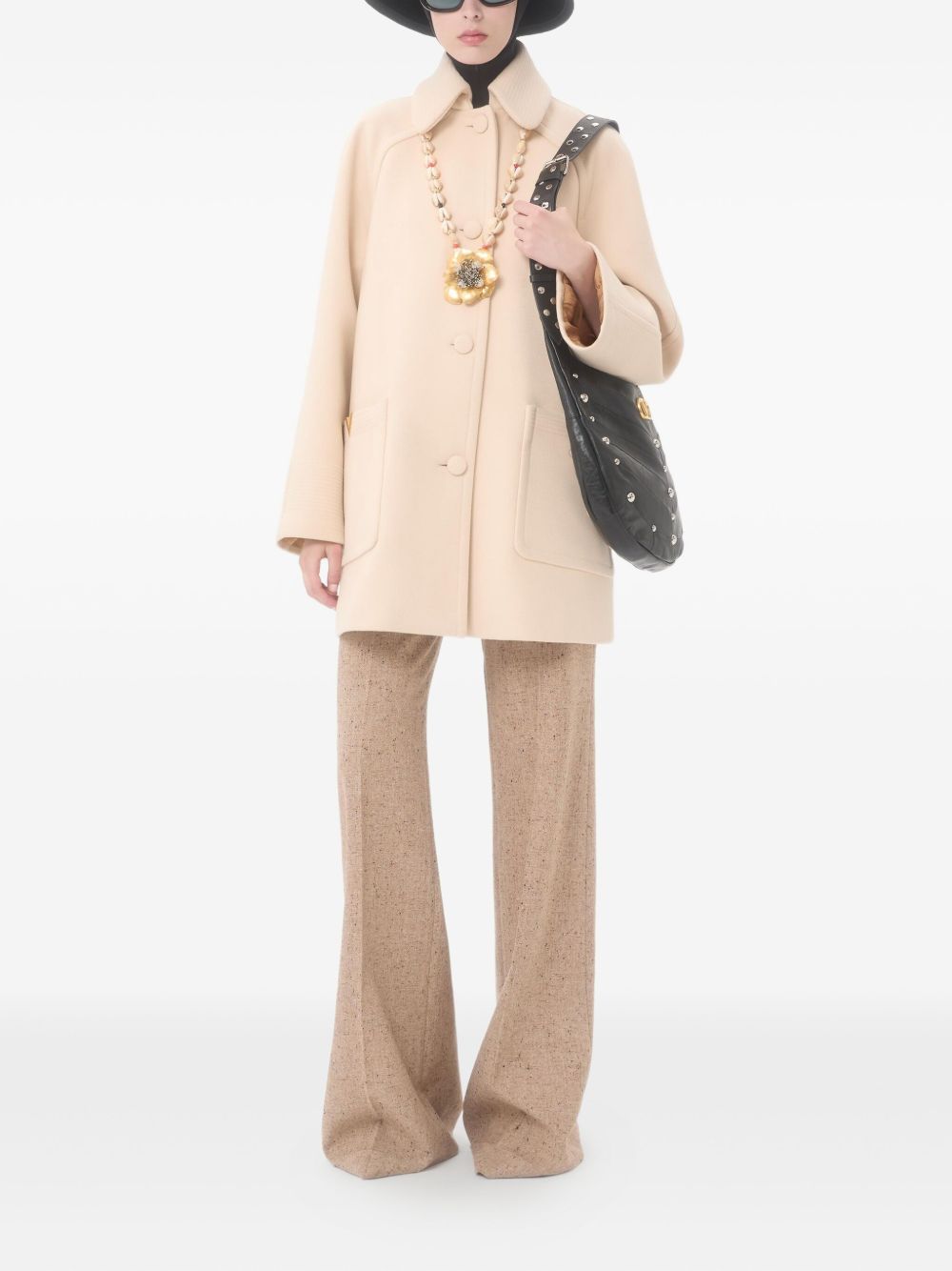 Valentino Wool V-Shaped Gold-Detail Coat Beige