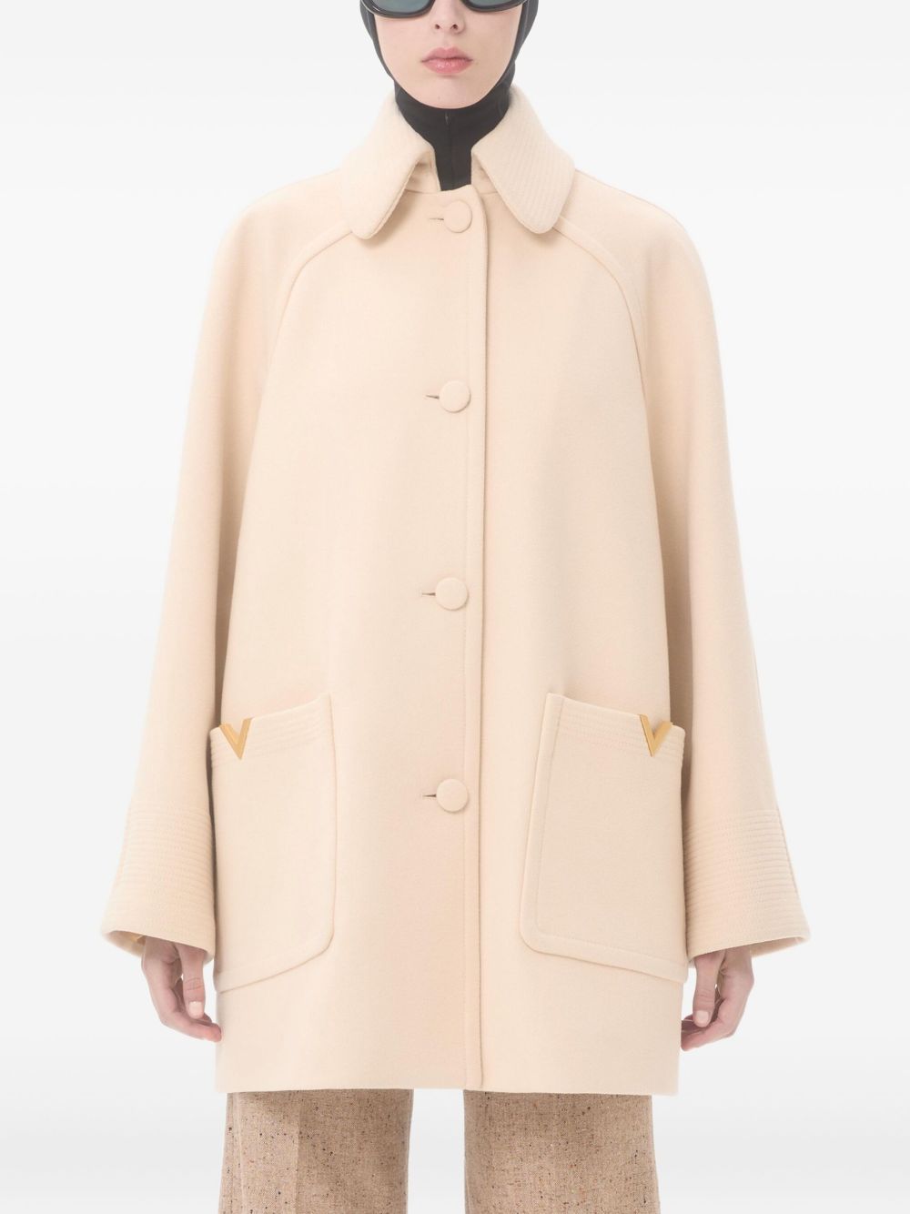 Valentino Wool V-Shaped Gold-Detail Coat Beige