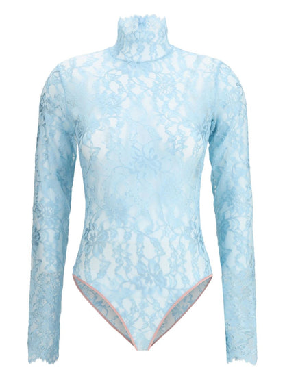 Valentino Floral Lace High-Neck Bodysuit Clear Blue
