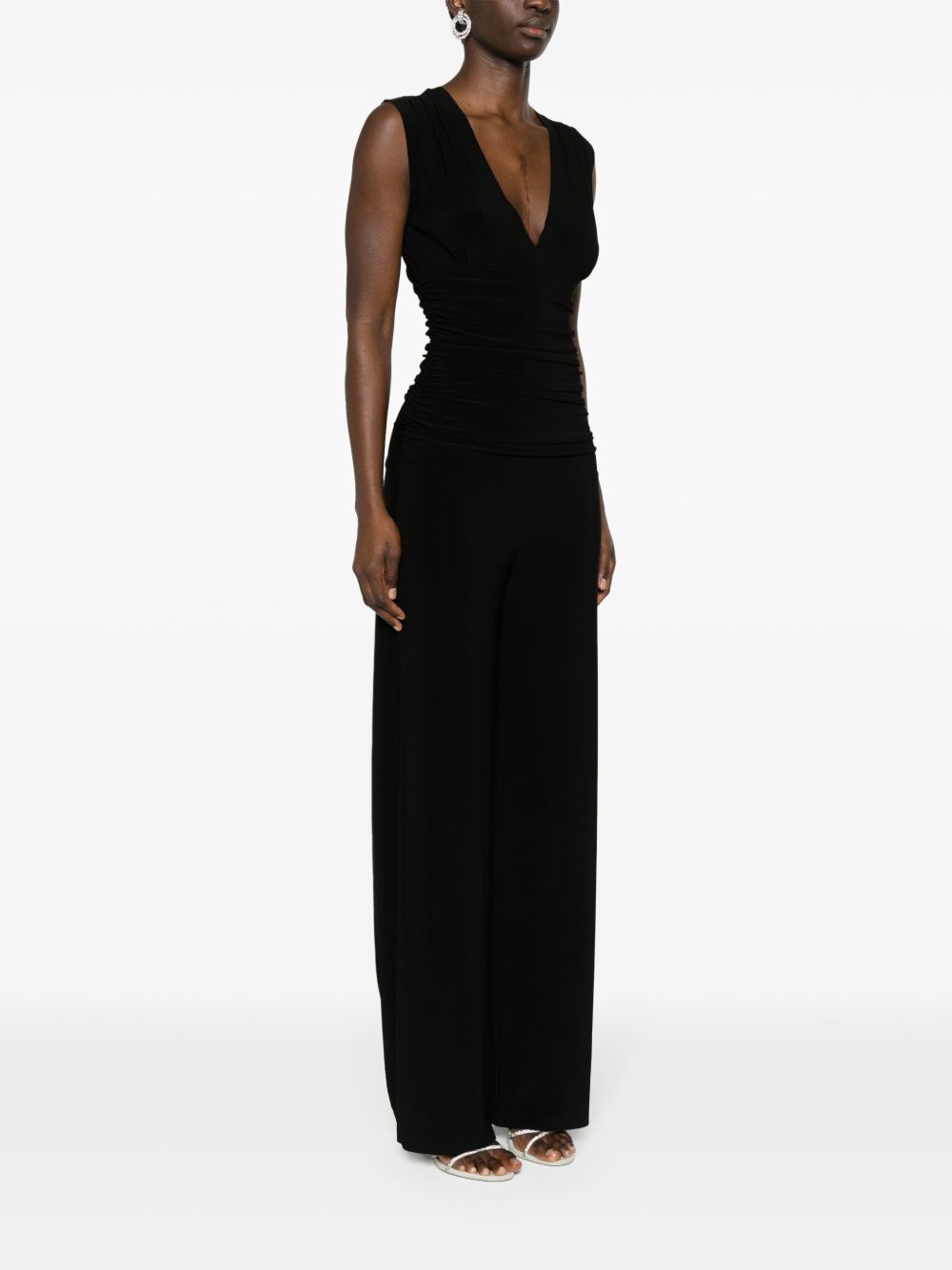 Norma Kamali Stretch V-Neck Ruched Wide-Leg Jumpsuit Black black