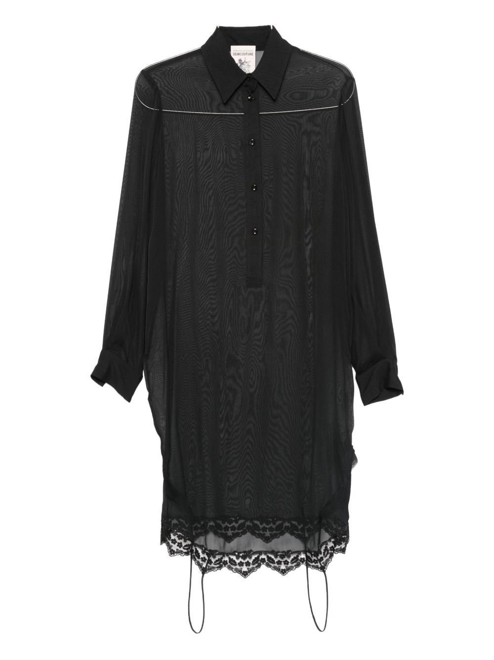 Semicouture Black Lace-Trim Sheer Silk-Blend Shirt Black