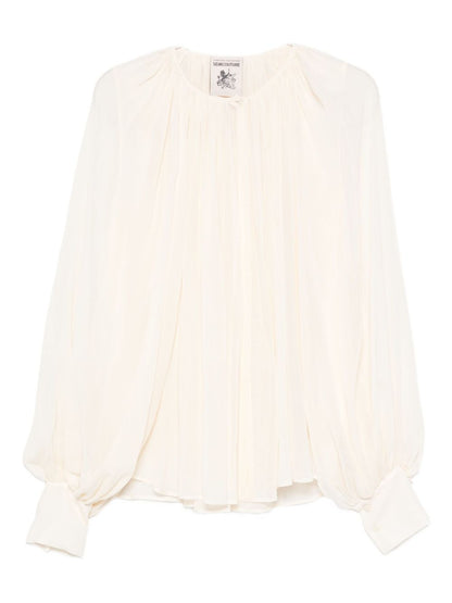 Semicouture Pleated Detail Long-Sleeve Ivory Shirt Ivory