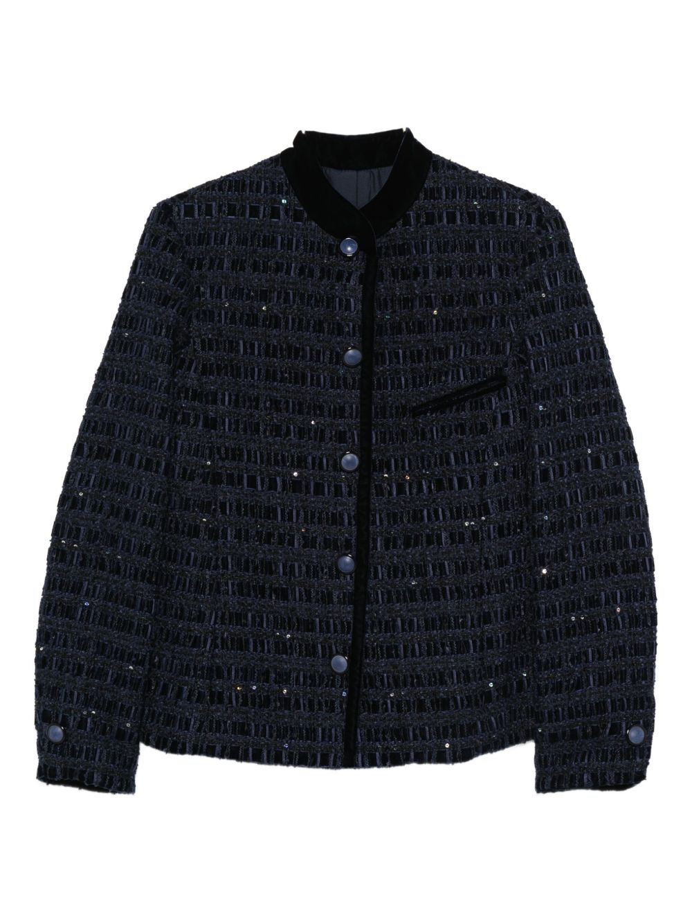 Emporio Armani Velvet-Trimmed Sequin Embellished Blue Jacket Blue