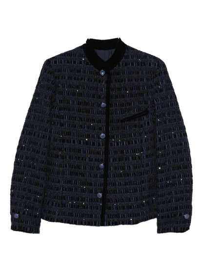 Emporio Armani Velvet-Trimmed Sequin Embellished Blue Jacket Blue
