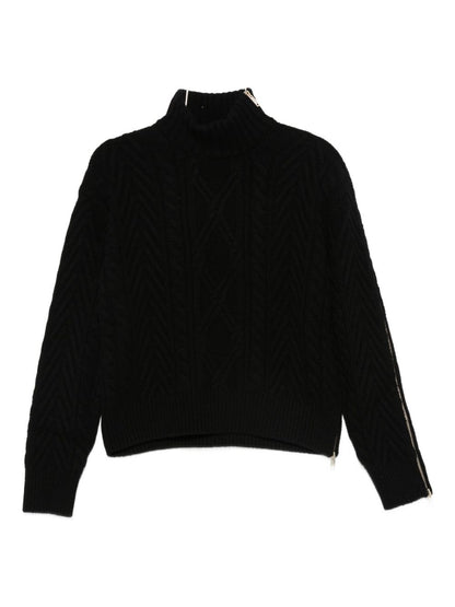 Semicouture High-Neck Wool Knit Sweater with Zipped Sleeves Black