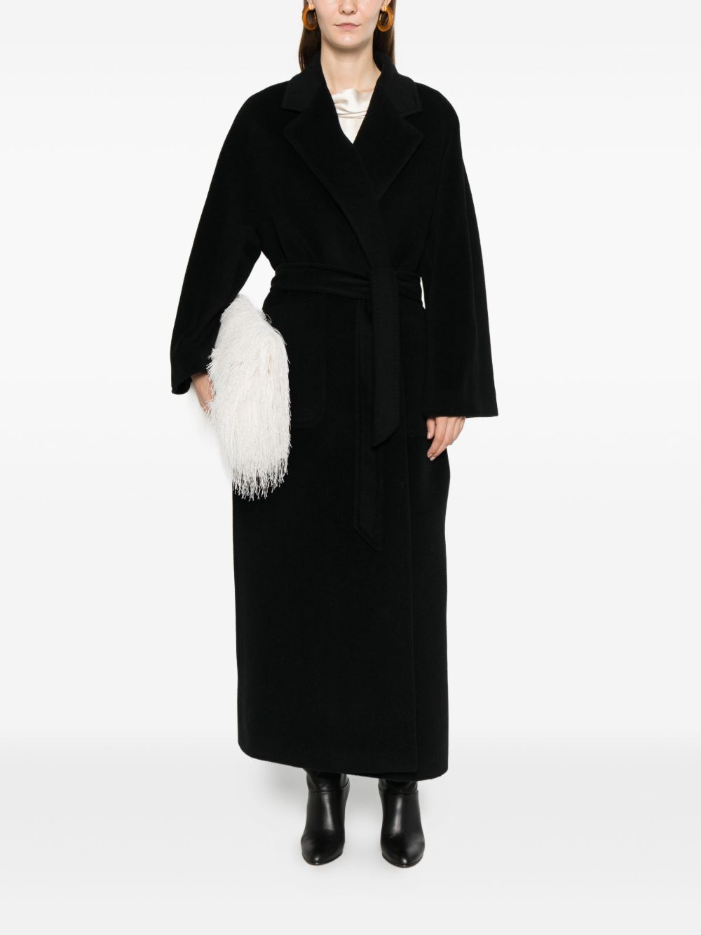 Tagliatore Long Wool Belted Coat with Notched Lapels Black