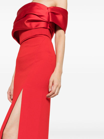 Solace London Off-Shoulder Satin-Trim Long Red Dress Red