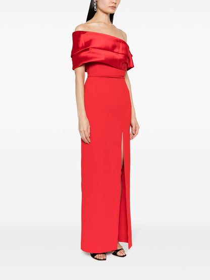 Solace London Off-Shoulder Satin-Trim Long Red Dress Red