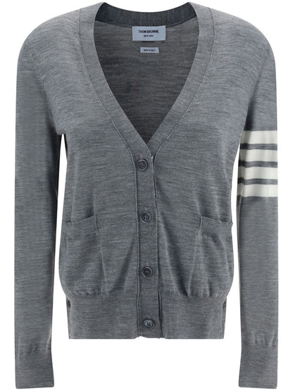 Thom Browne Signature 4-Bar Wool V-Neck Cardigan Light Grey