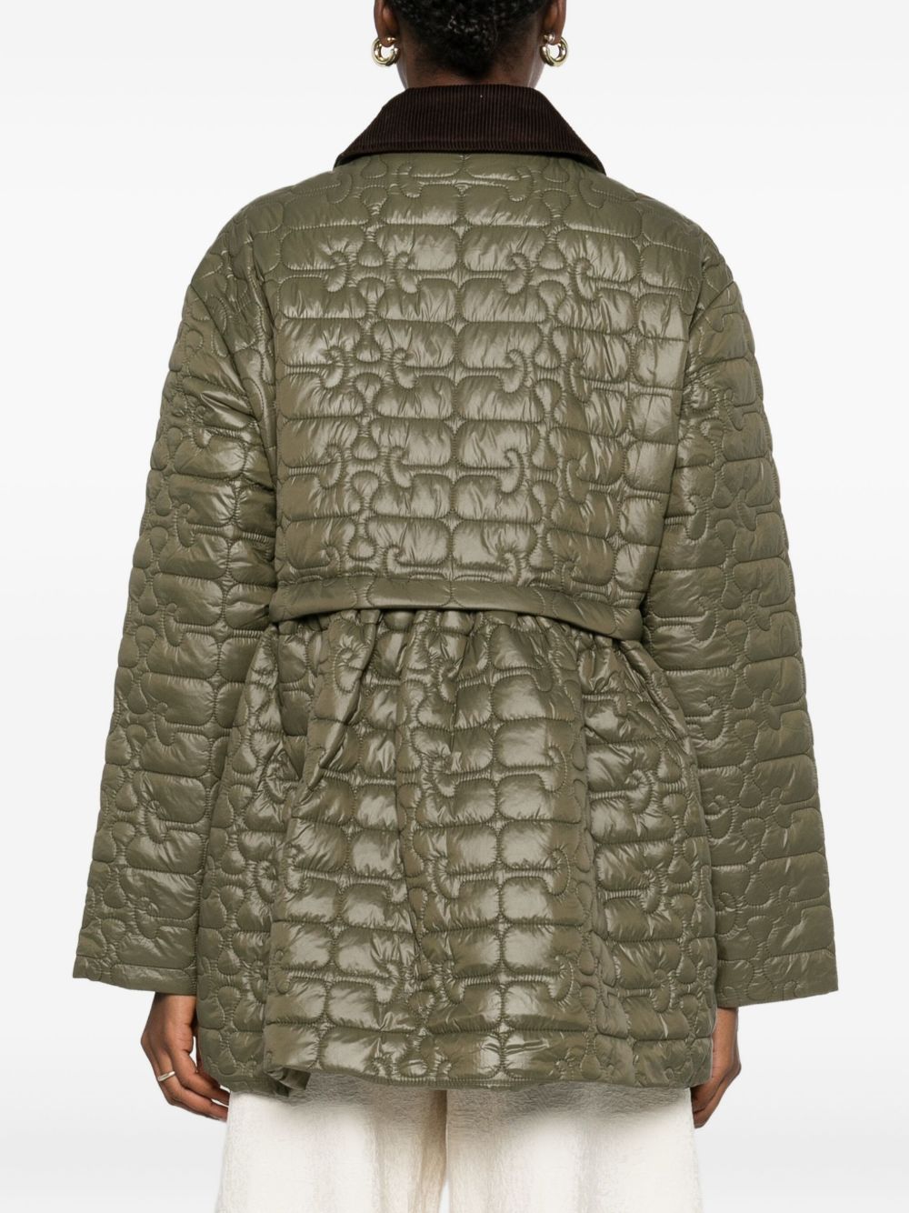 Ganni Quilted Recycled Nylon Corduroy-Collar Jacket Green Green