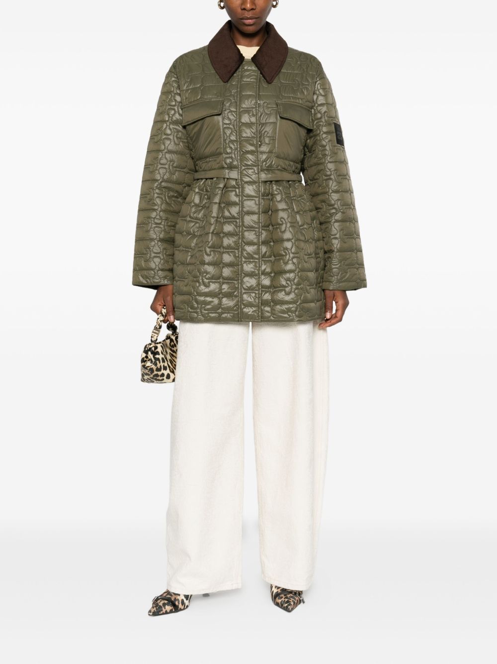 Ganni Quilted Recycled Nylon Corduroy-Collar Jacket Green Green