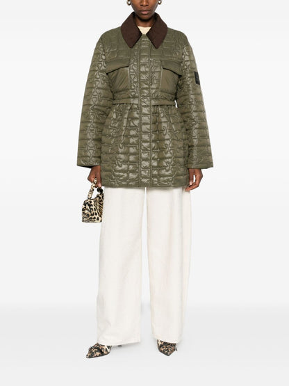 Ganni Quilted Recycled Nylon Corduroy-Collar Jacket Green Green