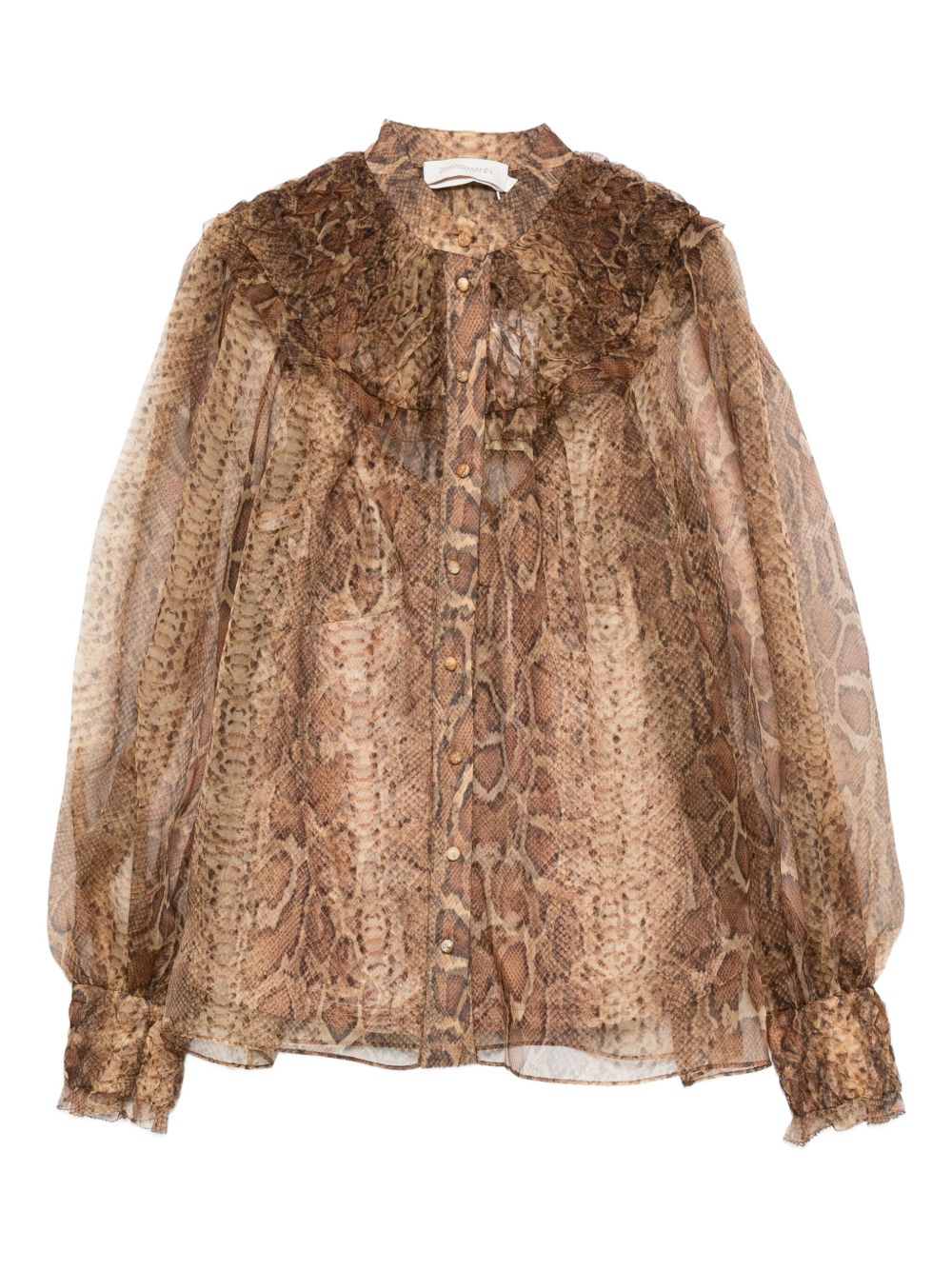 Zimmermann Silk Snake-Print Ruffled Shirt Brown brown